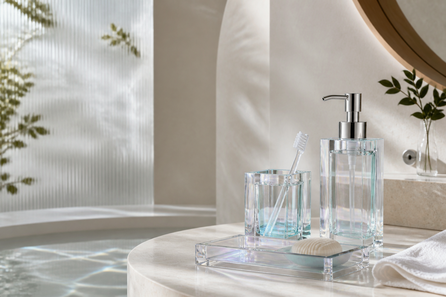 Crystal-clear GENNICCI bathroom accessories in a serene modern bathroom